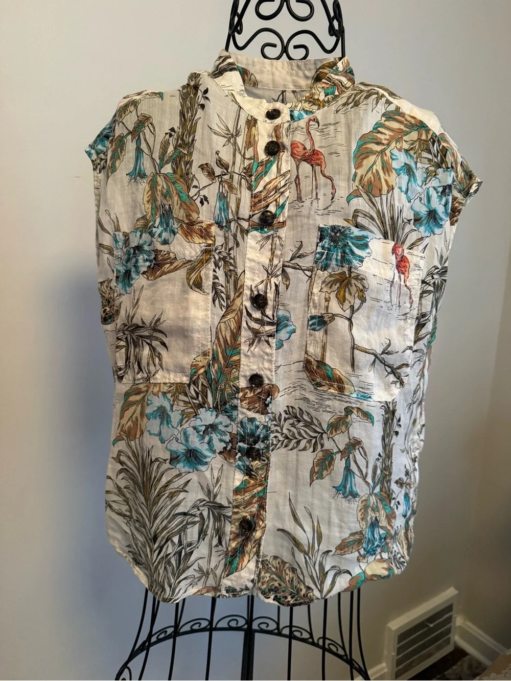 Banana Republic Cream Floral Button-Down Shirt with Teal & Brown Accents